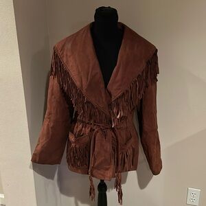 Vtg LNR brown leather Fringe boho festival belted jacket sz M